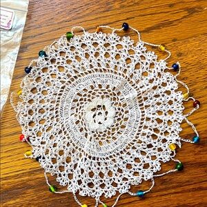 Handcrafted White Crochet Doily with Multicolor Beads
